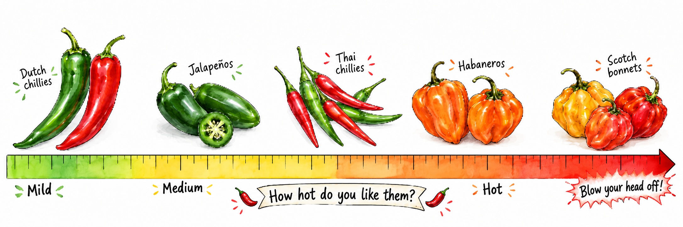 Chilli heat scale from mild to very hot: Dutch chillies, jalapenos, Thai chillies, habaneros and Scotch bonnets