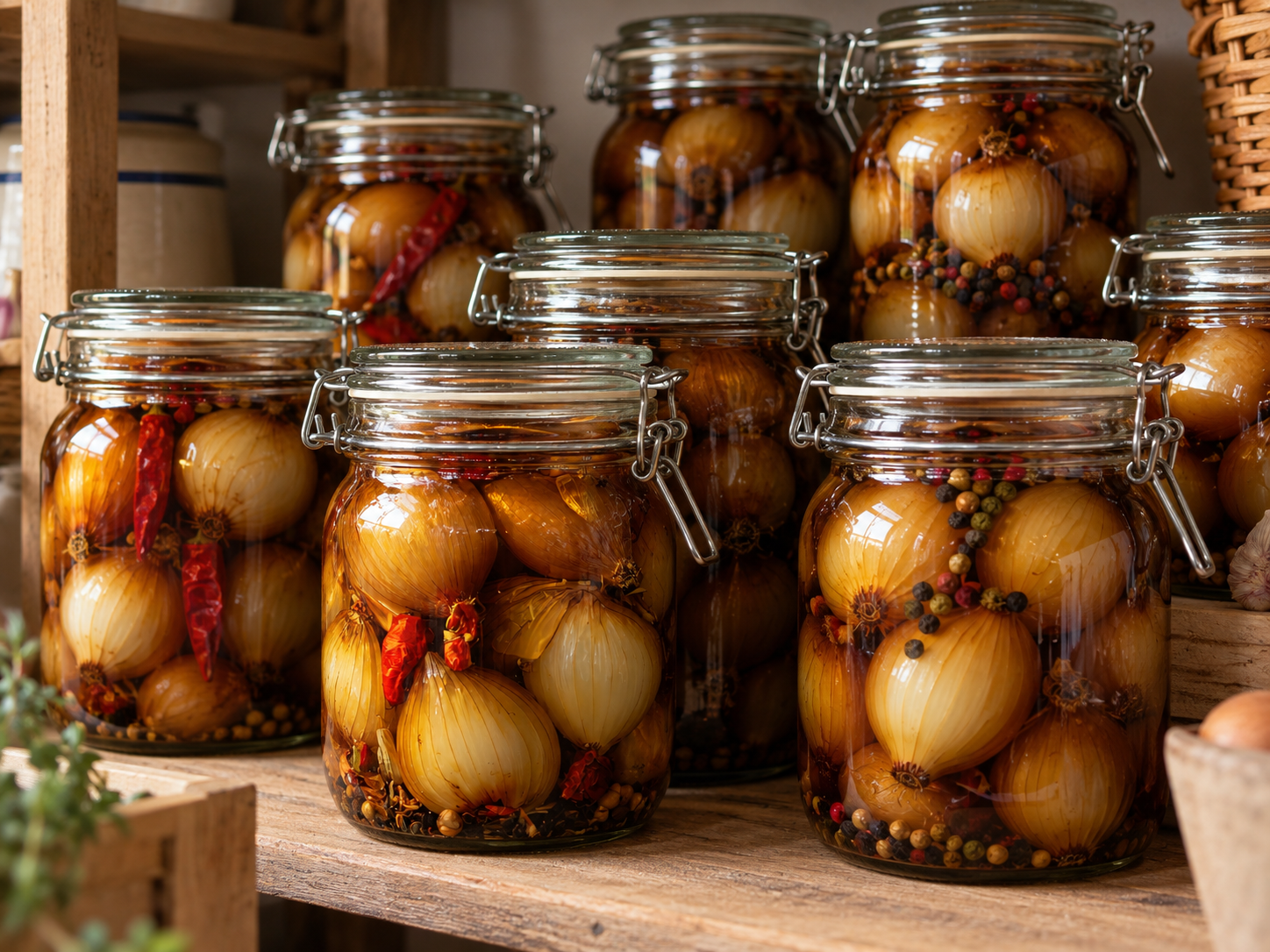 Jars of homemade pickled onions on a pantry shelf, spiced with chillies and mixed peppercorns