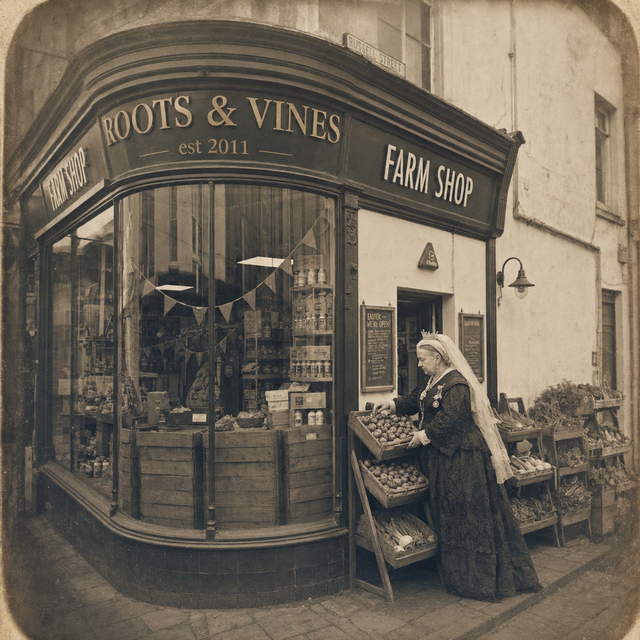 Vintage-style photograph of Queen Victoria choosing Victoria plums outside Roots & Vines farm shop